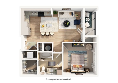 Floor plan for 1 bed, 1 bath, 701 sqft